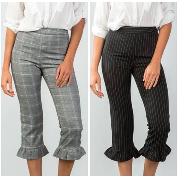 PINSTRIPE HIGH WAIST RUFFLE CROP PANTS - Picture 6 of 6